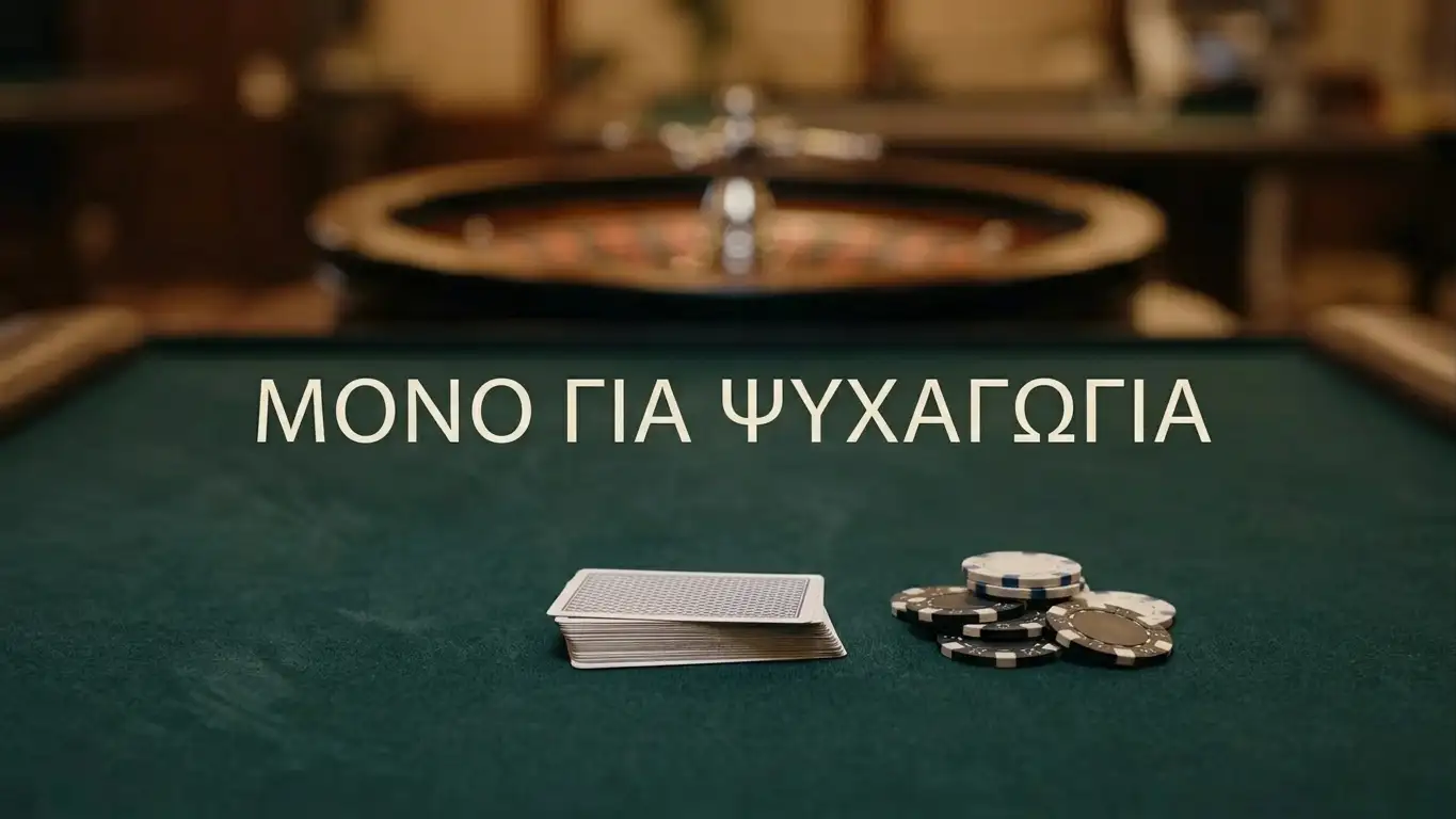 Τραπέζι καζίνο με χαρτιά, μάρκες και απαλά φωτισμένο χώρο στο βάθος