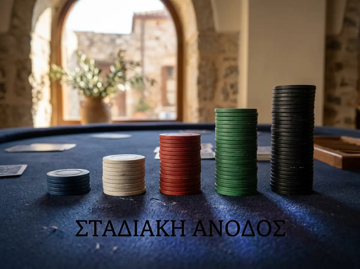 Πέντε μικρές στοίβες από μάρκες καζίνο διαφορετικού ύψους πάνω σε σκούρο τραπέζι